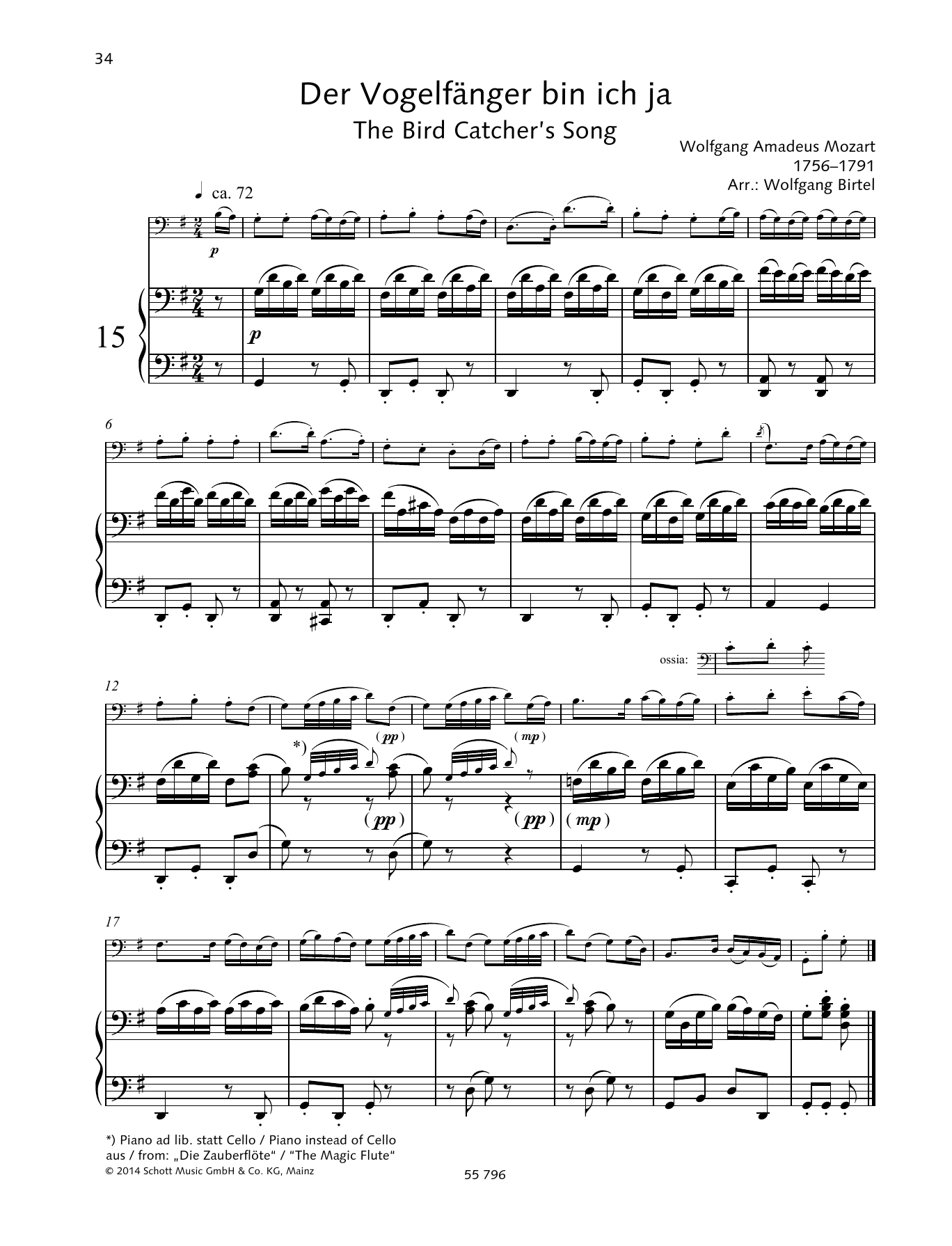 Learn to play Wolfgang Amadeus Mozart The Bird Catcher's Song sheet music for String Solo in minutes. Wolfgang Amadeus Mozart The Bird Catcher's Song sheet music preview music notes and score for String Solo including 2 page(s)