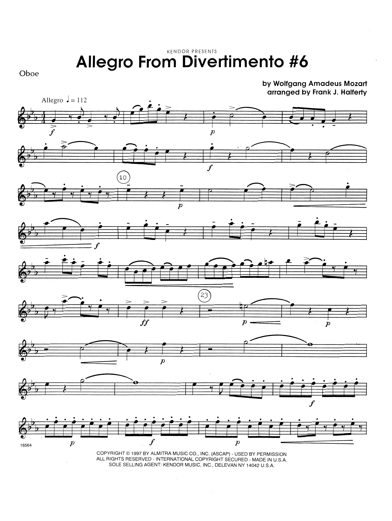 Wolfgang Mozart Allegro From Divertimento #6 (arr. Frank Halferty) - Oboe sheet music preview music notes and score for Woodwind Ensemble including 2 page(s)