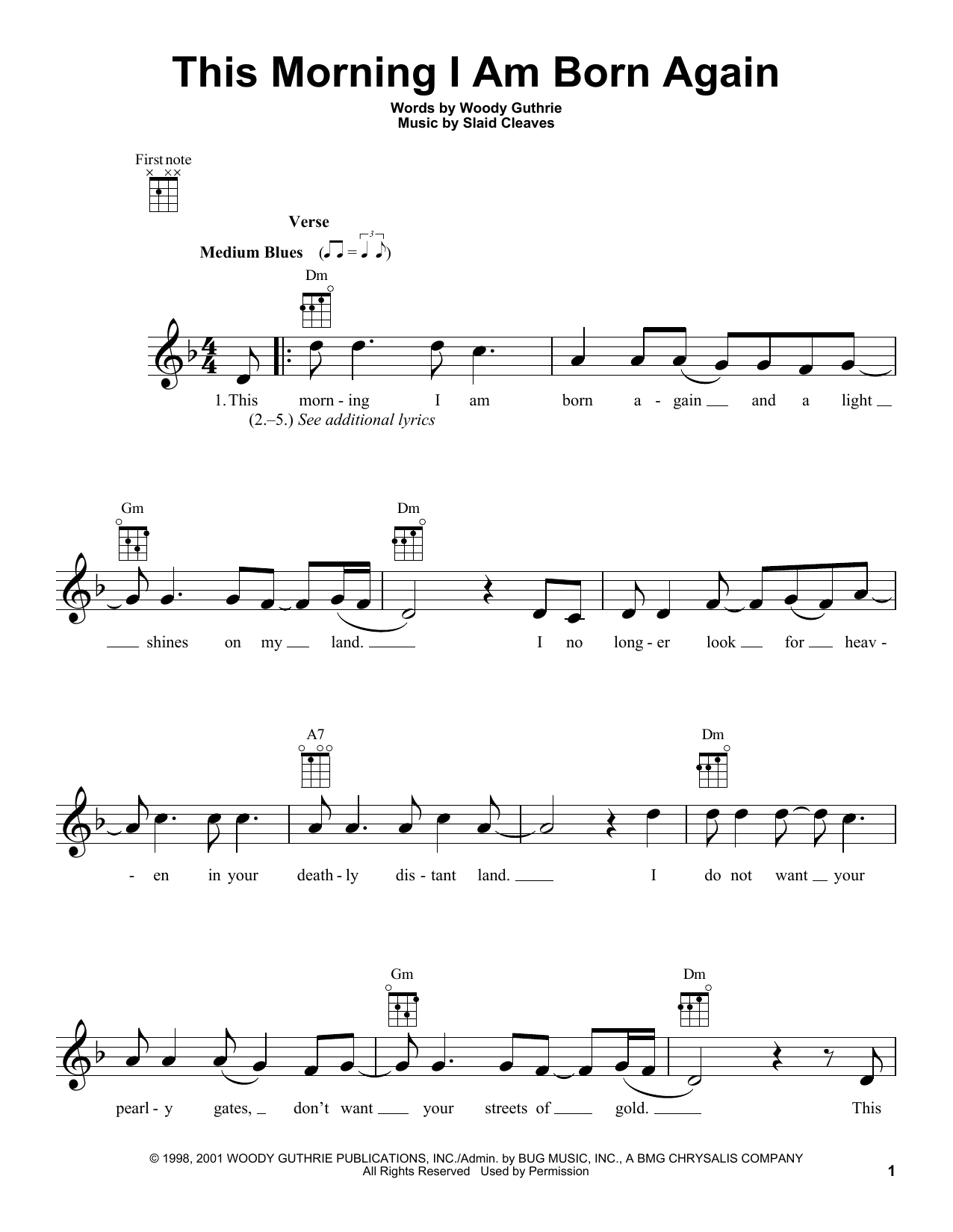 Woody Guthrie This Morning I Am Born Again sheet music, chords, lyrics - Printable PDF for Ukulele