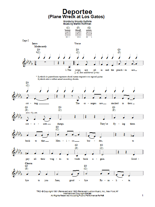Learn to play Woody Guthrie Deportee (Plane Wreck At Los Gatos) sheet music for Easy Guitar in minutes. Woody Guthrie Deportee (Plane Wreck At Los Gatos) sheet music preview music notes and score for Easy Guitar including 2 page(s)