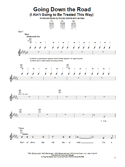 Learn to play Woody Guthrie Going Down The Road (I Ain't Going To Be Treated This Way) sheet music for Easy Guitar in minutes. Woody Guthrie Going Down The Road (I Ain't Going To Be Treated This Way) sheet music preview music notes and score for Easy Guitar including 3 page(s)