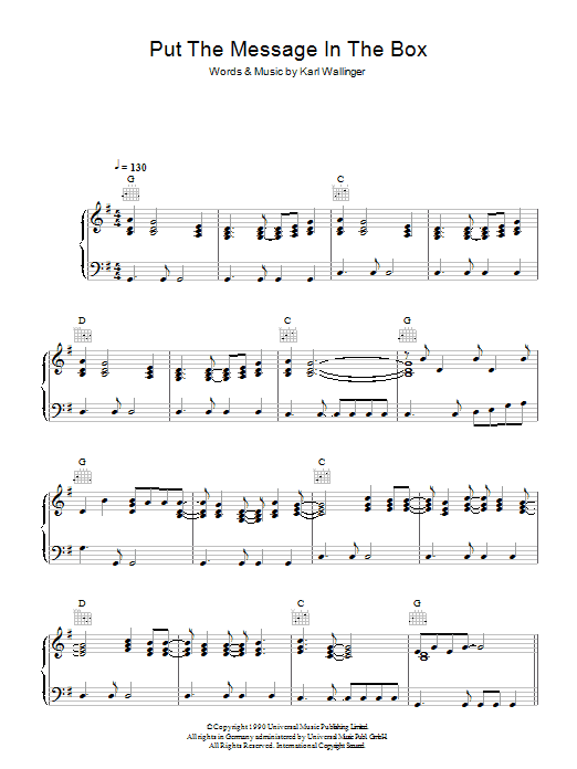 Learn to play World Party Put The Message In The Box sheet music for Piano, Vocal & Guitar in minutes. World Party Put The Message In The Box sheet music preview music notes and score for Piano, Vocal & Guitar including 6 page(s)