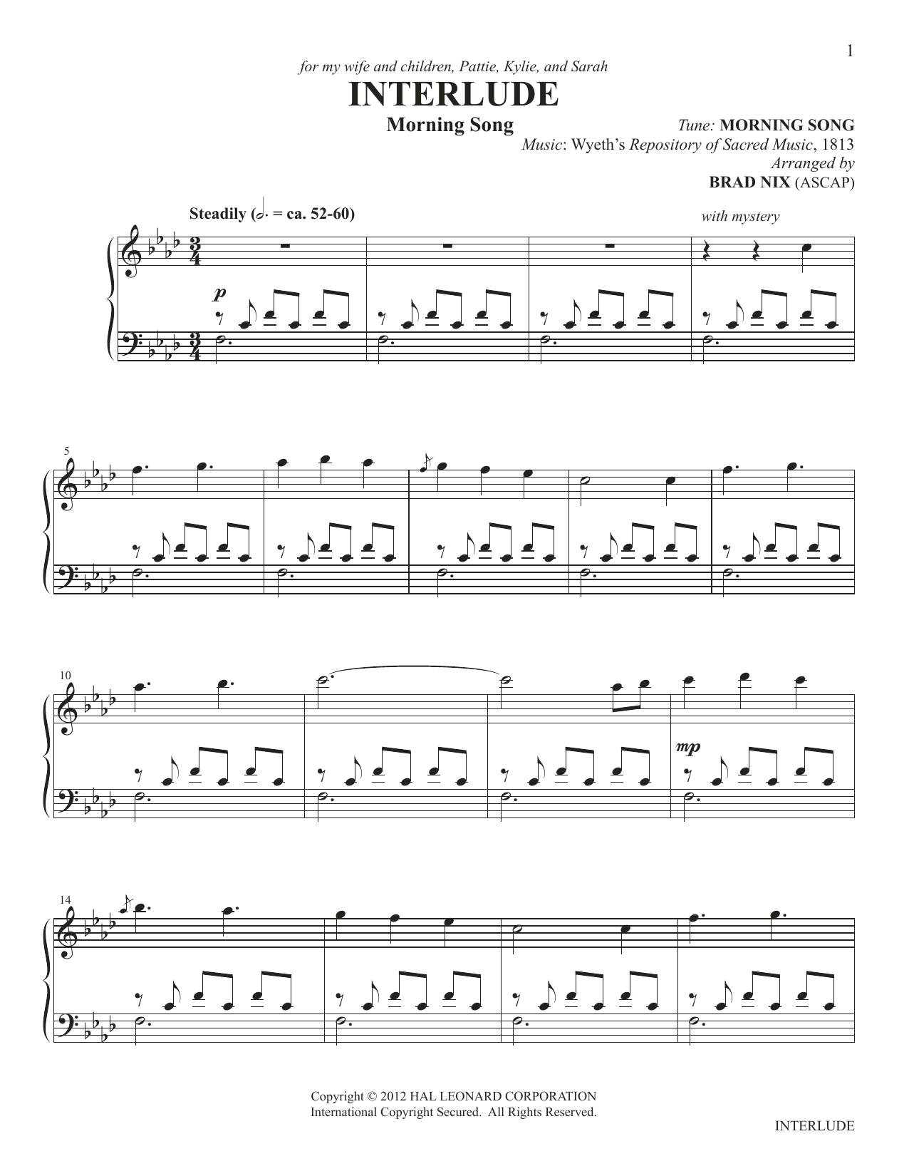 Learn to play Wyeth's Repository of Sacred Interlude (arr. Brad Nix) sheet music for Piano Solo in minutes. Wyeth's Repository of Sacred Interlude (arr. Brad Nix) sheet music preview music notes and score for Piano Solo including 6 page(s)