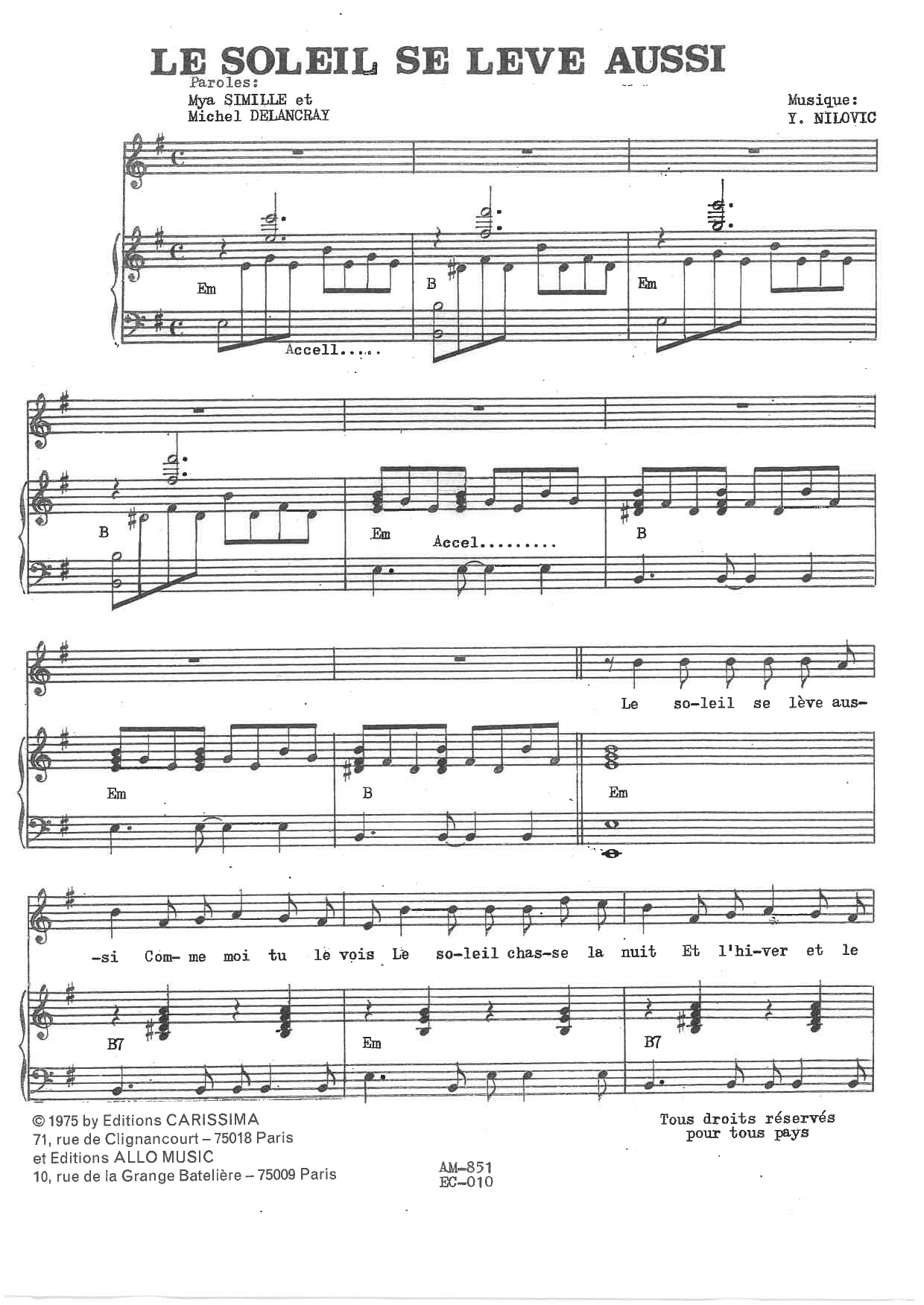 Y. Nilovic Le Soleil Se Leve Aussi sheet music preview music notes and score for Piano & Vocal including 3 page(s)