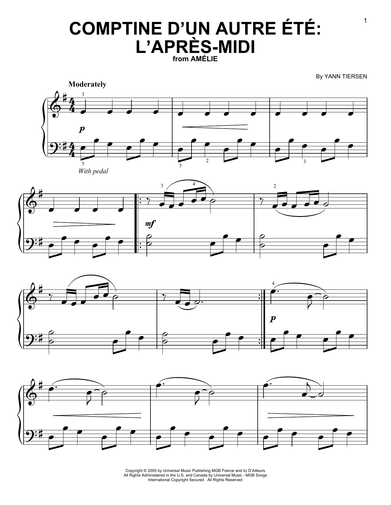 Learn to play Yann Tiersen Comptine d'un autre été: L'après-midi sheet music for E-Z Play Today in minutes. Yann Tiersen Comptine d'un autre été: L'après-midi sheet music preview music notes and score for E-Z Play Today including 4 page(s)