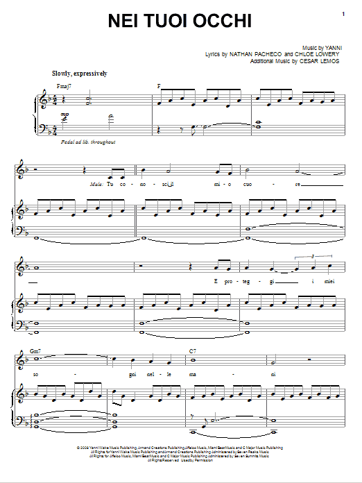 Learn to play Yanni Nei Tuoi Occhi sheet music for Piano, Vocal & Guitar (Right-Hand Melody) in minutes. Yanni Nei Tuoi Occhi sheet music preview music notes and score for Piano, Vocal & Guitar (Right-Hand Melody) including 13 page(s)