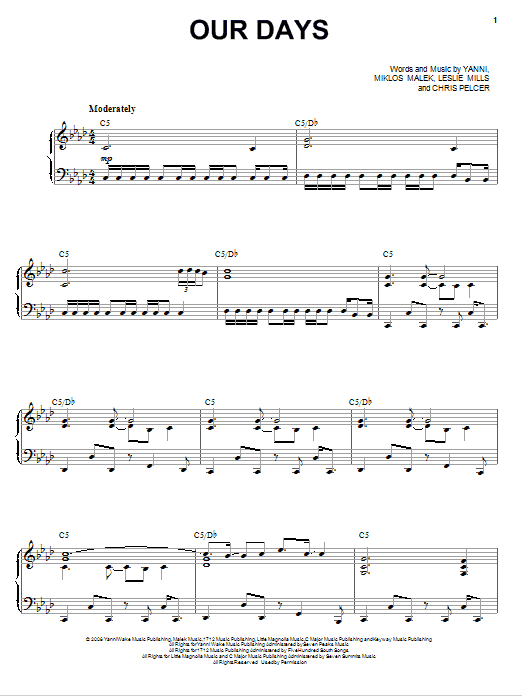 Learn to play Yanni Our Days sheet music for Piano, Vocal & Guitar (Right-Hand Melody) in minutes. Yanni Our Days sheet music preview music notes and score for Piano, Vocal & Guitar (Right-Hand Melody) including 8 page(s)