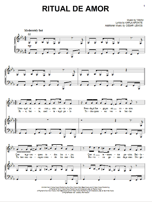 Learn to play Yanni Ritual De Amor sheet music for Piano, Vocal & Guitar (Right-Hand Melody) in minutes. Yanni Ritual De Amor sheet music preview music notes and score for Piano, Vocal & Guitar (Right-Hand Melody) including 7 page(s)