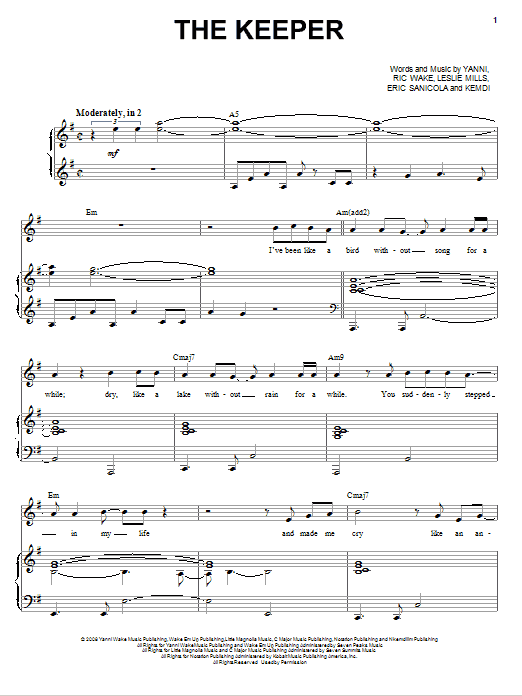 Download Yanni The Keeper sheet music notes and chords for Piano, Vocal & Guitar (Right-Hand Melody) - Download Printable PDF and start playing in minutes.
