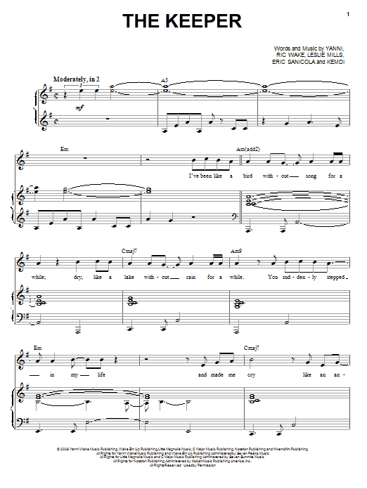Learn to play Yanni The Keeper sheet music for Piano, Vocal & Guitar (Right-Hand Melody) in minutes. Yanni The Keeper sheet music preview music notes and score for Piano, Vocal & Guitar (Right-Hand Melody) including 9 page(s)