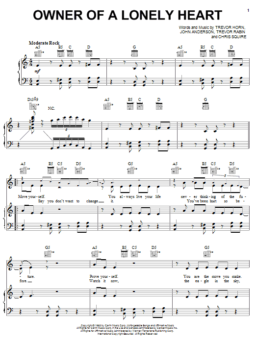 Learn to play Yes Owner Of A Lonely Heart sheet music for Lyrics & Chords in minutes. Yes Owner Of A Lonely Heart sheet music preview music notes and score for Lyrics & Chords including 4 page(s)