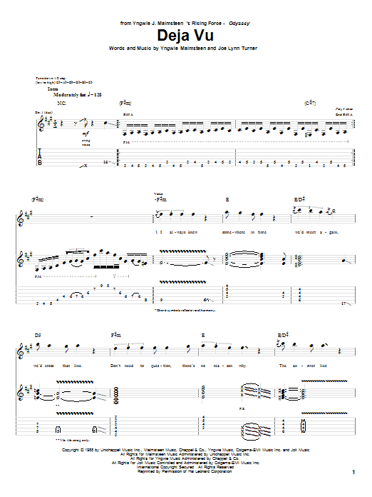 Learn to play Yngwie Malmsteen Deja Vu sheet music for Guitar Tab in minutes. Yngwie Malmsteen Deja Vu sheet music preview music notes and score for Guitar Tab including 7 page(s)