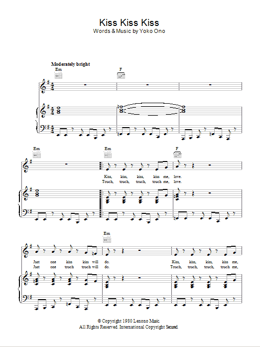Yoko Ono Kiss, Kiss, Kiss sheet music, chords, lyrics - Printable PDF for Piano, Vocal & Guitar (Right-Hand Melody)