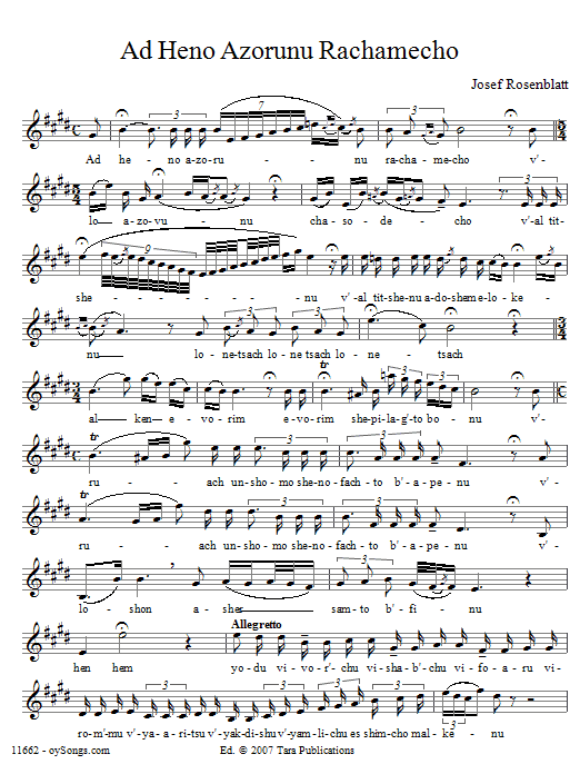 Learn to play Yossele Rosenblatt Ad Heno Azorunu Rachamecho sheet music for Voice in minutes. Yossele Rosenblatt Ad Heno Azorunu Rachamecho sheet music preview music notes and score for Voice including 2 page(s)