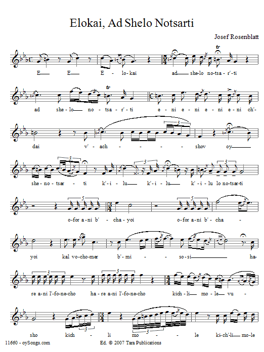 Learn to play Yossele Rosenblatt Elokai Ad Shelo Notsarti sheet music for Voice in minutes. Yossele Rosenblatt Elokai Ad Shelo Notsarti sheet music preview music notes and score for Voice including 2 page(s)