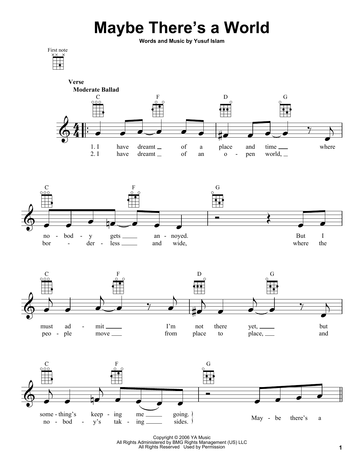 Yusuf Islam Maybe There's A World sheet music, chords, lyrics - Printable PDF for Ukulele