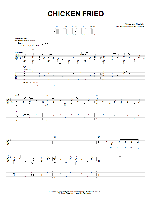 Learn to play Zac Brown Band Chicken Fried sheet music for Easy Guitar in minutes. Zac Brown Band Chicken Fried sheet music preview music notes and score for Easy Guitar including 6 page(s)