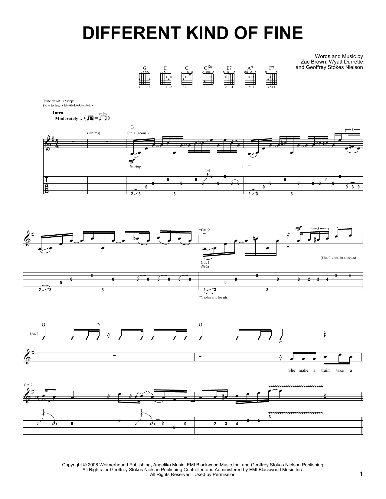 Zac Brown Band Different Kind Of Fine sheet music preview music notes and score for Easy Guitar including 5 page(s)