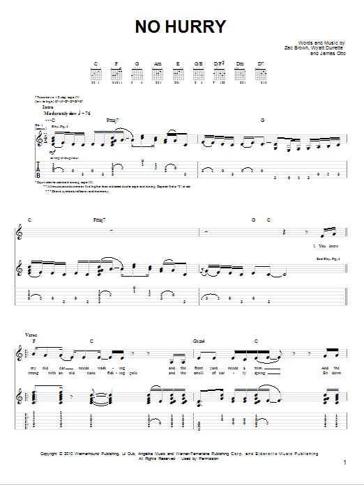 Learn to play Zac Brown Band No Hurry sheet music for Easy Guitar in minutes. Zac Brown Band No Hurry sheet music preview music notes and score for Easy Guitar including 5 page(s)