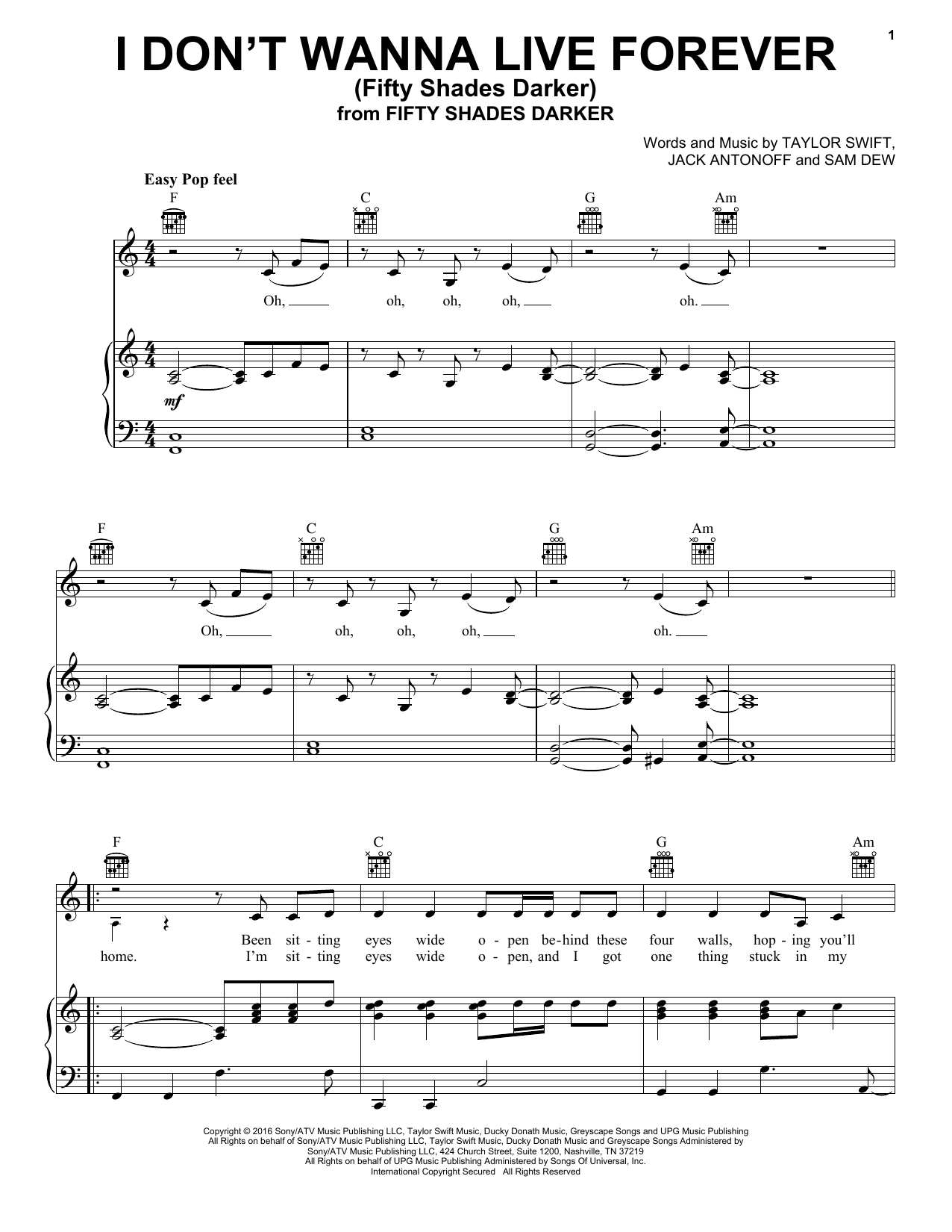 ZAYN and Taylor Swift I Don't Wanna Live Forever sheet music, chords, lyrics - Printable PDF for Piano, Vocal & Guitar (Right-Hand Melody)