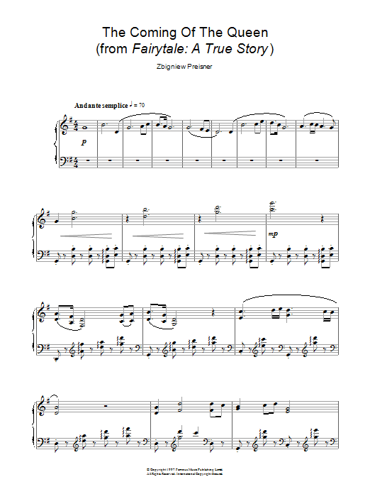 Zbigniew Preisner The Coming Of The Queen (from the film Fairytale: A True Story) sheet music, chords, lyrics - Printable PDF for Piano
