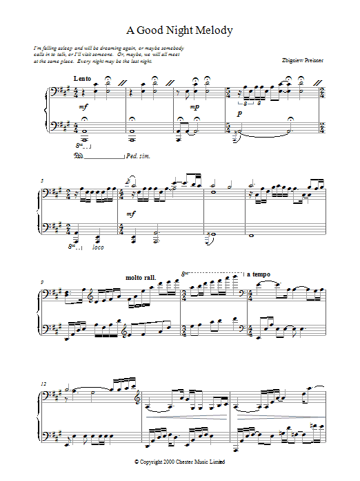 Zbigniew Preisner A Good Night Melody sheet music preview music notes and score for Piano including 5 page(s)