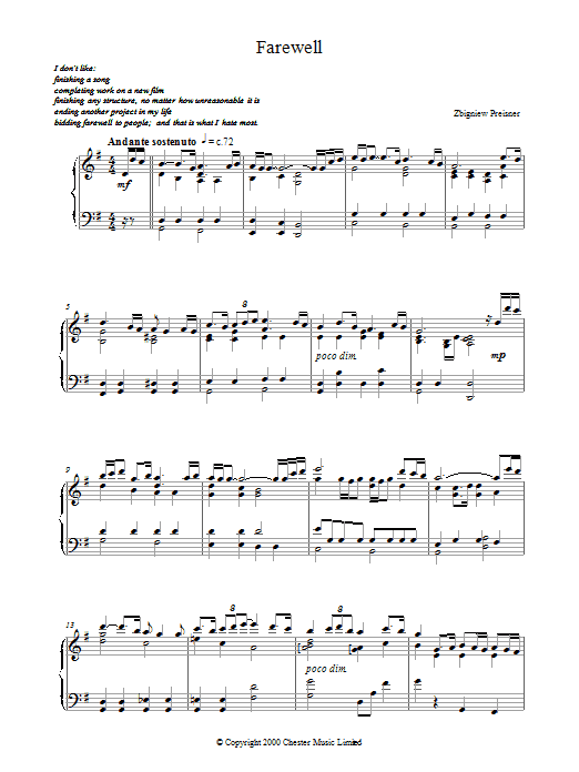 Zbigniew Preisner Farewell sheet music preview music notes and score for Piano including 6 page(s)