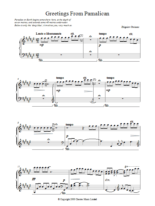 Zbigniew Preisner Greetings from Pamalican sheet music preview music notes and score for Piano including 11 page(s)
