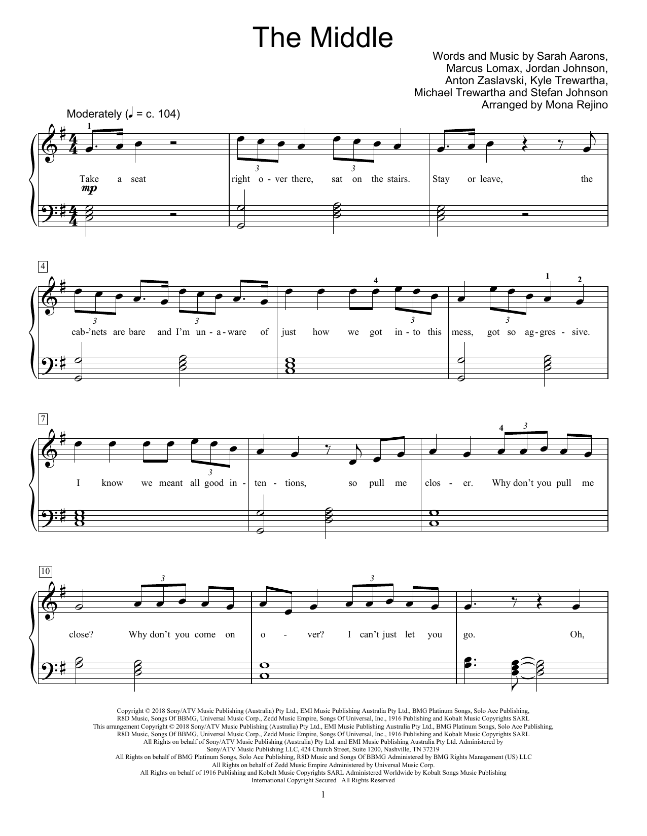 Zedd, Maren Morris & Grey The Middle (arr. Mona Rejino) sheet music, chords, lyrics - Printable PDF for Educational Piano