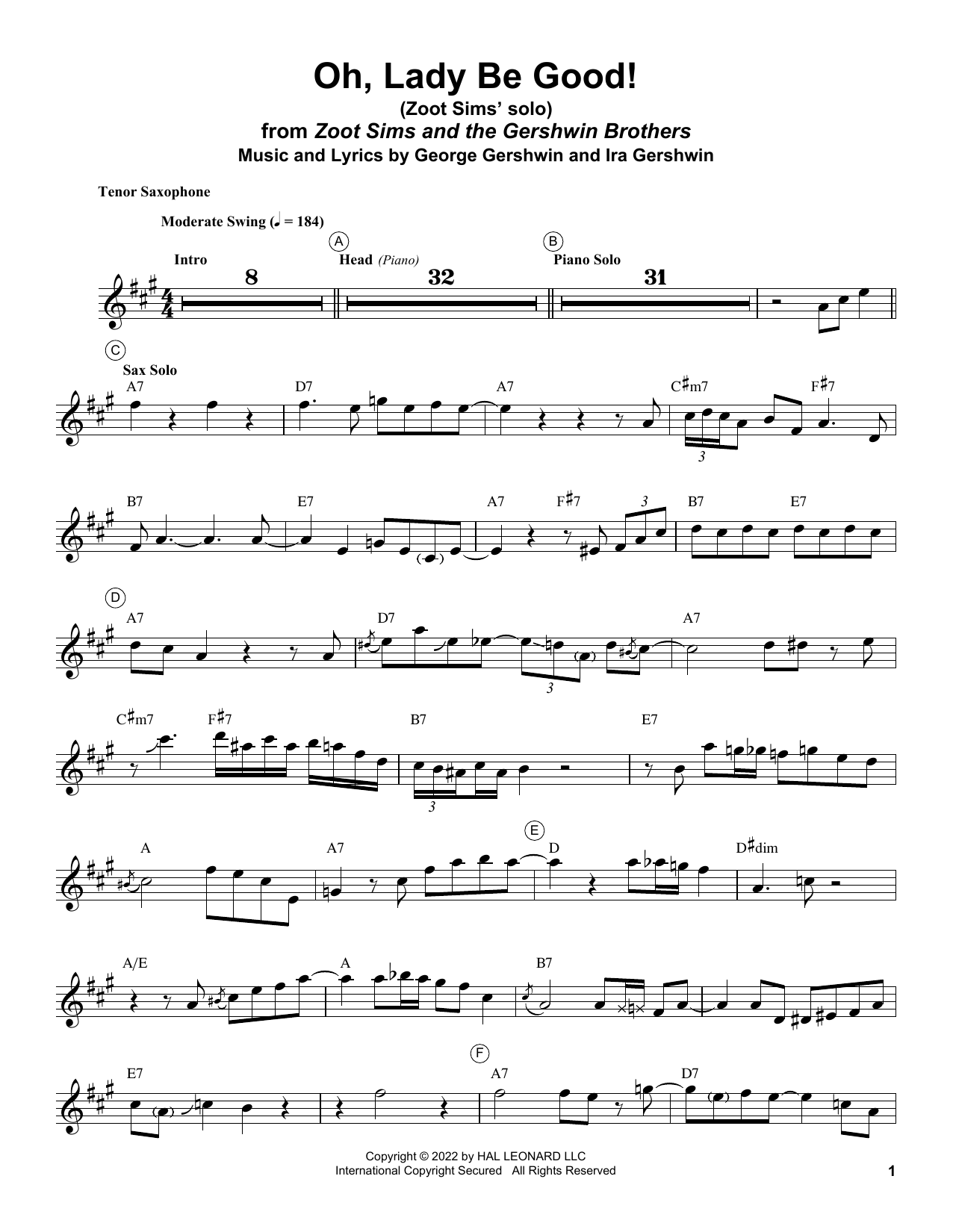 Zoot Sims Oh, Lady Be Good! sheet music, chords, lyrics - Printable PDF for Tenor Sax Transcription