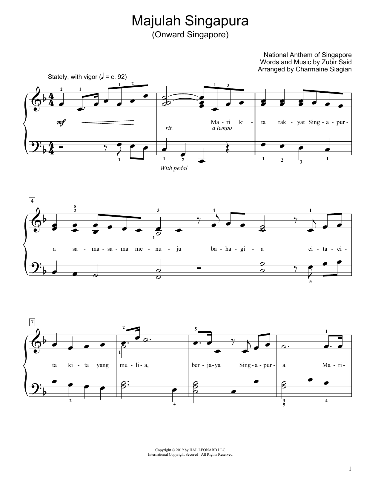 Learn to play Zubir Said Onward Singapore (Majulah Singapura) (arr. Charmaine Siagian) sheet music for Educational Piano in minutes. Zubir Said Onward Singapore (Majulah Singapura) (arr. Charmaine Siagian) sheet music preview music notes and score for Educational Piano including 2 page(s)