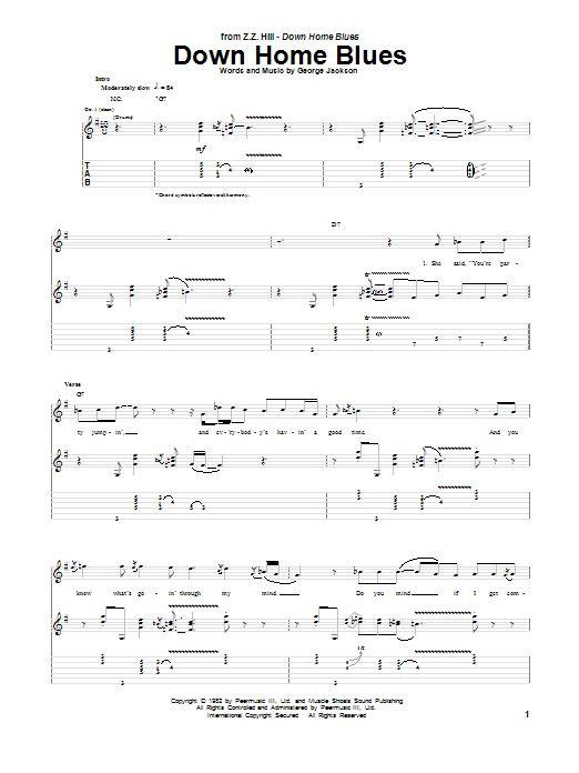 Z.Z. Hill Down Home Blues sheet music, chords, lyrics - Printable PDF for Guitar Tab