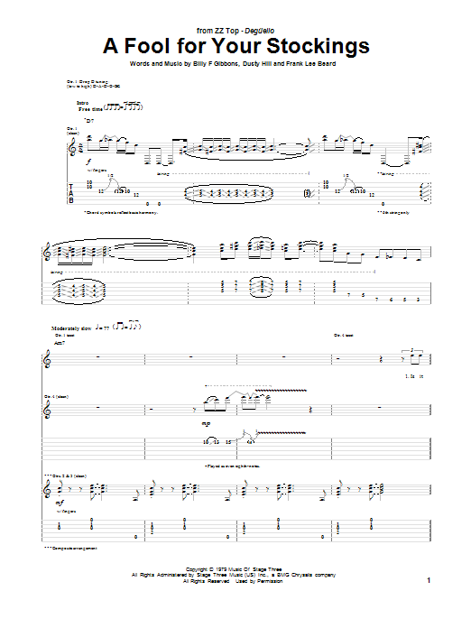 ZZ Top A Fool For Your Stockings sheet music, chords, lyrics - Printable PDF for Guitar Tab