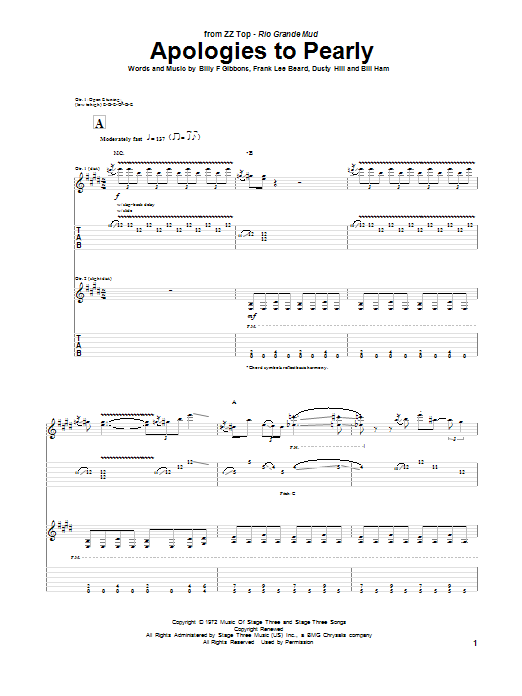ZZ Top Apologies To Pearly sheet music, chords, lyrics - Printable PDF for Guitar Tab