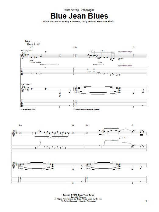 ZZ Top Blue Jean Blues sheet music, chords, lyrics - Printable PDF for Guitar Tab
