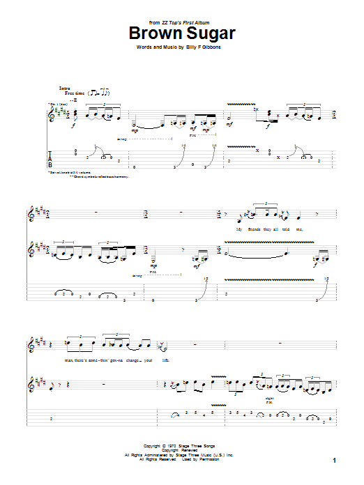 ZZ Top Brown Sugar sheet music, chords, lyrics - Printable PDF for Guitar Tab
