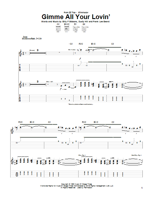 ZZ Top Gimme All Your Lovin' sheet music, chords, lyrics - Printable PDF for Bass Guitar Tab