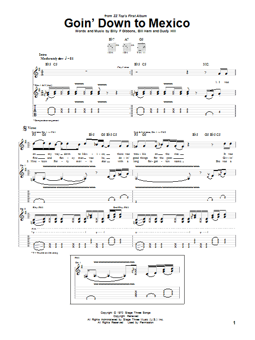 ZZ Top Goin' Down To Mexico sheet music, chords, lyrics - Printable PDF for Guitar Tab