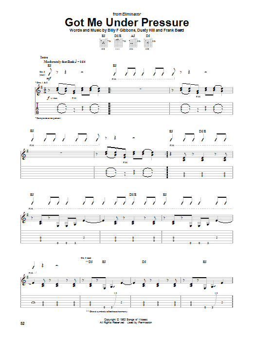 ZZ Top Got Me Under Pressure sheet music, chords, lyrics - Printable PDF for Guitar Tab