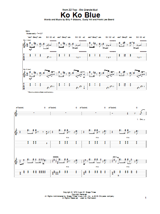 ZZ Top Ko Ko Blue sheet music, chords, lyrics - Printable PDF for Guitar Tab