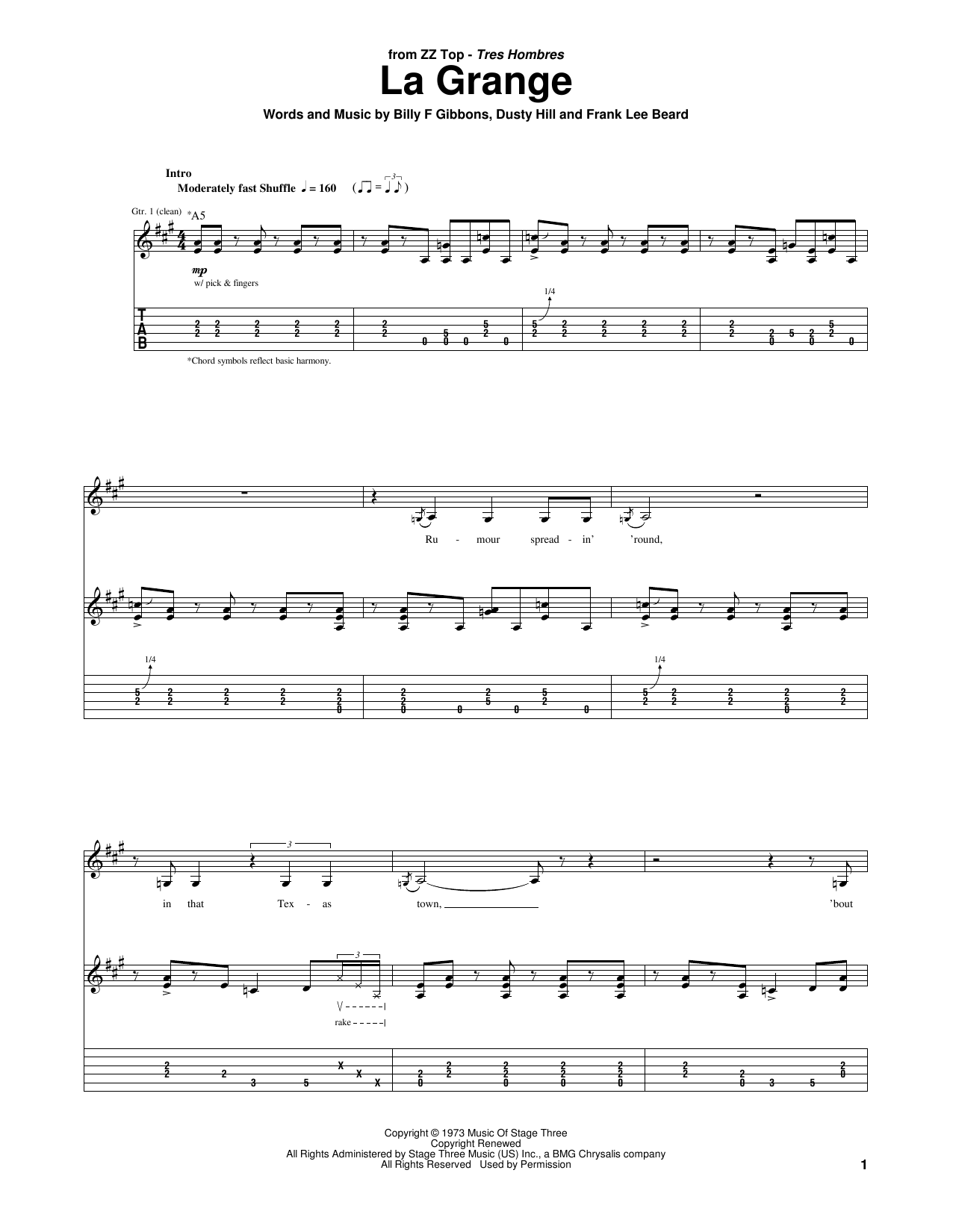 ZZ Top La Grange sheet music, chords, lyrics - Printable PDF for Lyrics & Chords