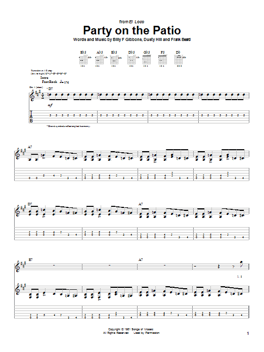 ZZ Top Party On The Patio sheet music, chords, lyrics - Printable PDF for Guitar Tab