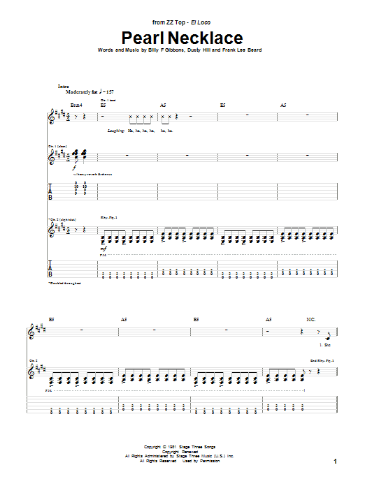 ZZ Top Pearl Necklace sheet music, chords, lyrics - Printable PDF for Guitar Tab