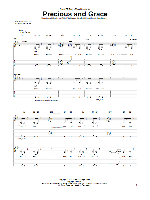 ZZ Top Precious And Grace sheet music, chords, lyrics - Printable PDF for Guitar Tab