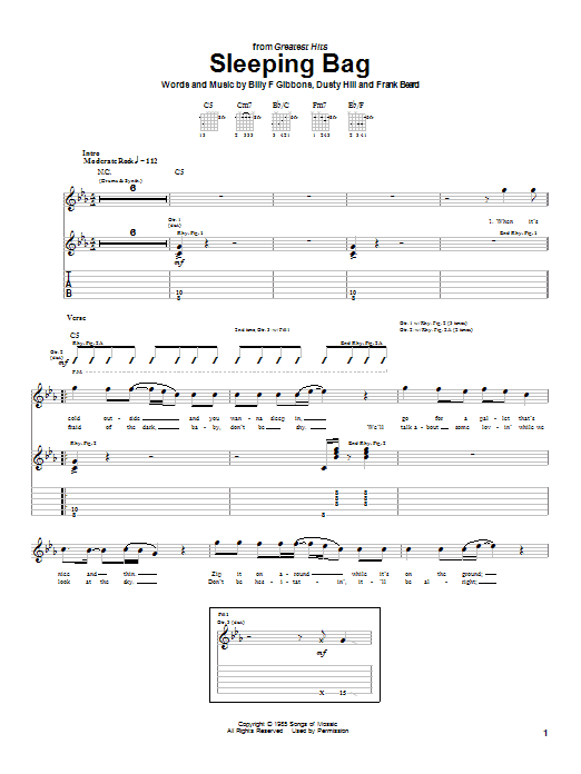 ZZ Top Sleeping Bag sheet music, chords, lyrics - Printable PDF for Bass Guitar Tab