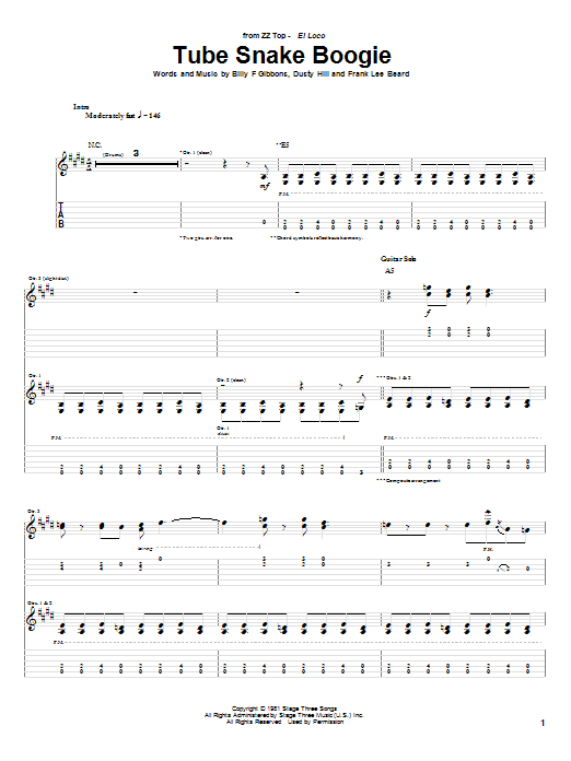ZZ Top Tube Snake Boogie sheet music, chords, lyrics - Printable PDF for Bass Guitar Tab