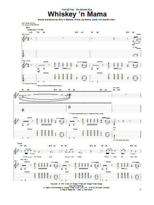 ZZ Top Whiskey 'N Mama sheet music, chords, lyrics - Printable PDF for Guitar Tab