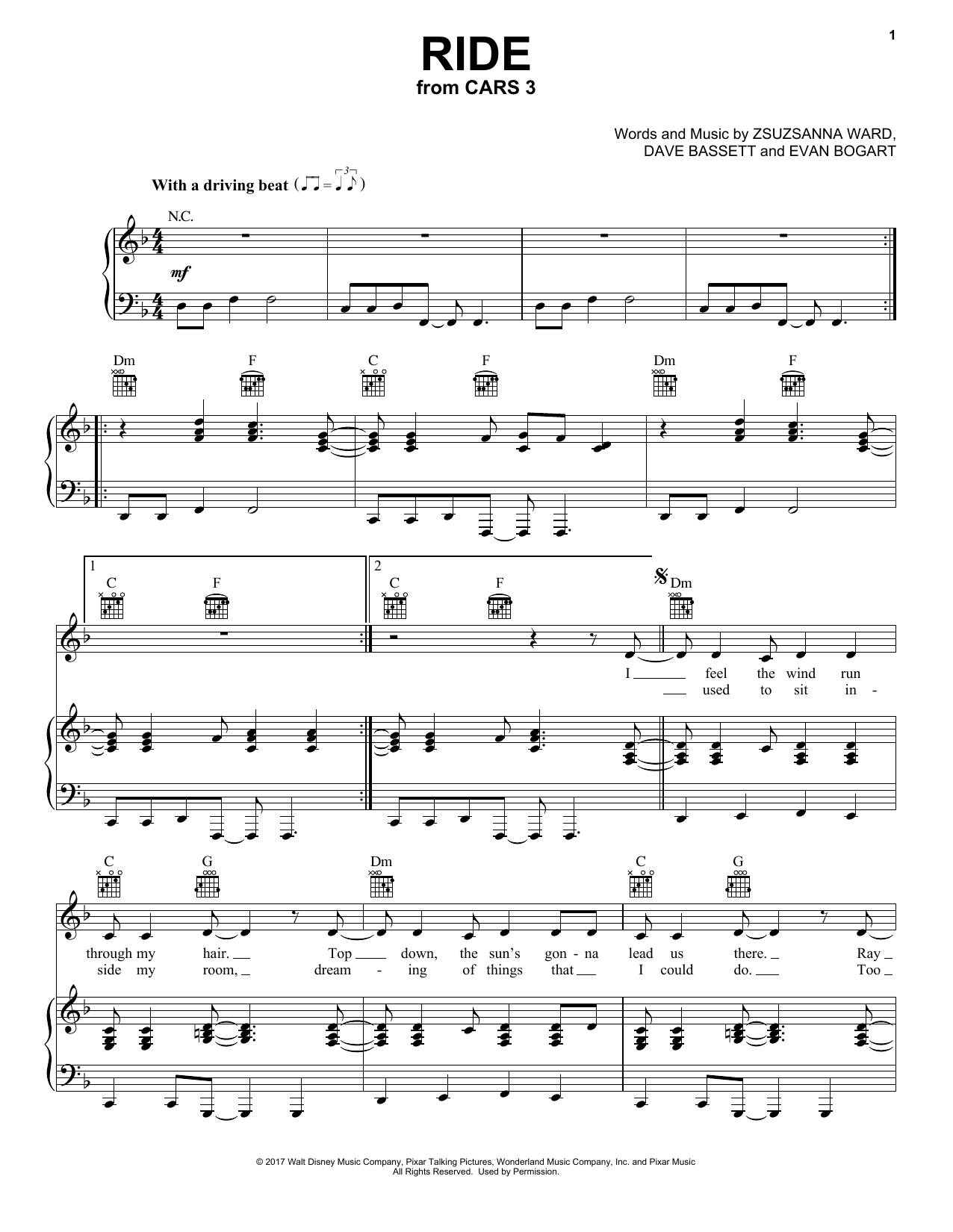 Evan Bogart Ride sheet music, chords, lyrics - Printable PDF for Easy Piano