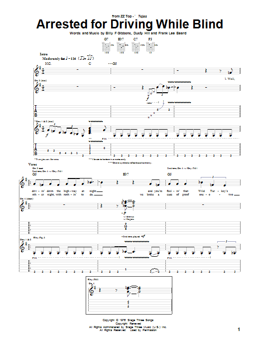 Learn to play ZZ Top Arrested For Driving While Blind sheet music for Bass Guitar Tab in minutes. ZZ Top Arrested For Driving While Blind sheet music preview music notes and score for Bass Guitar Tab including 4 page(s)