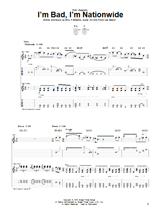 Learn to play ZZ Top I'm Bad, I'm Nationwide sheet music for Bass Guitar Tab in minutes. ZZ Top I'm Bad, I'm Nationwide sheet music preview music notes and score for Bass Guitar Tab including 5 page(s)